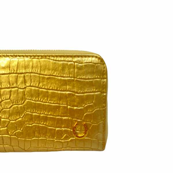 【3/23(月)朝採れ財布&お誕生日財布】エナメル クロコ型押L字ファスナー 長財布 ゴールド★特典付き★