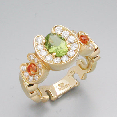 K18 フルダイヤ 2SG ペリドット馬蹄バテイ8リング