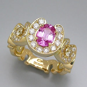 K18 フルダイヤ 2ブラウンダイヤ ピンクサファイヤ馬蹄バテイ8リング