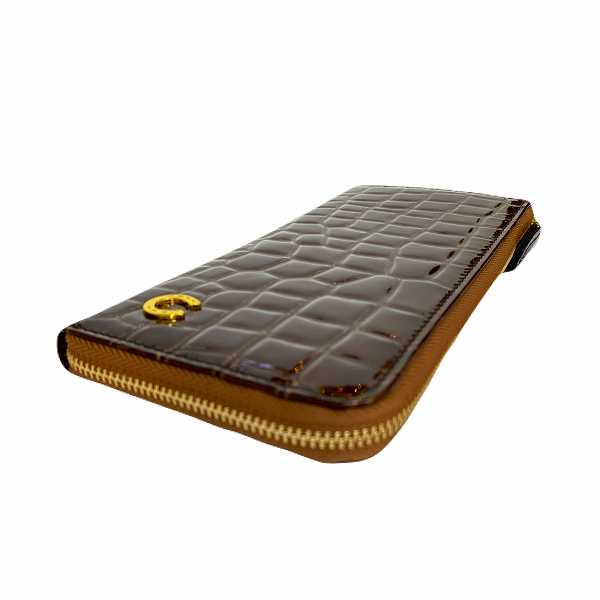 【6/17(水)朝採れお誕生日財布】エナメル クロコ型押L字ファスナー 長財布 ブラウン