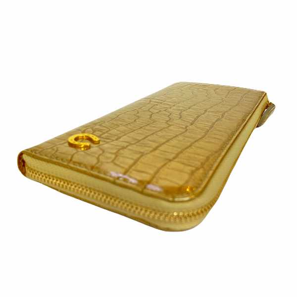 【3/23(月)朝採れ財布&お誕生日財布】エナメル クロコ型押L字ファスナー 長財布 ゴールド★特典付き★