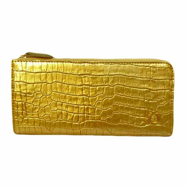 【3/23(月)朝採れ財布&お誕生日財布】エナメル クロコ型押L字ファスナー 長財布 ゴールド★特典付き★
